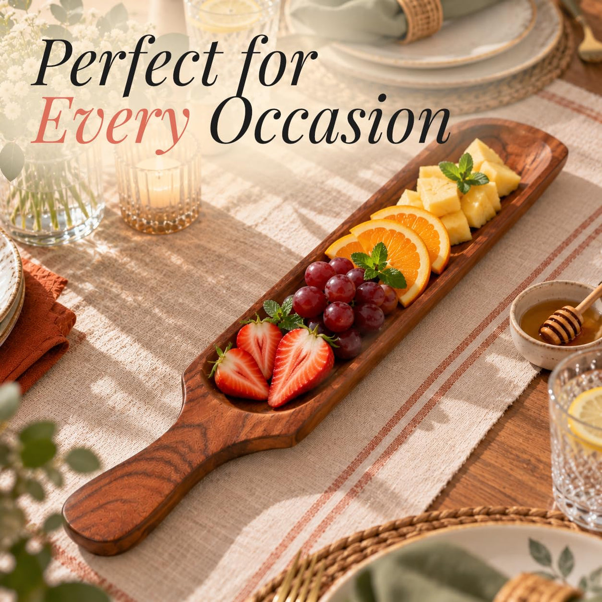 HOKIPO Arbor Acacia Wood Long Serving Platter with Handle, 46.5 x 8.5 cm - image 6