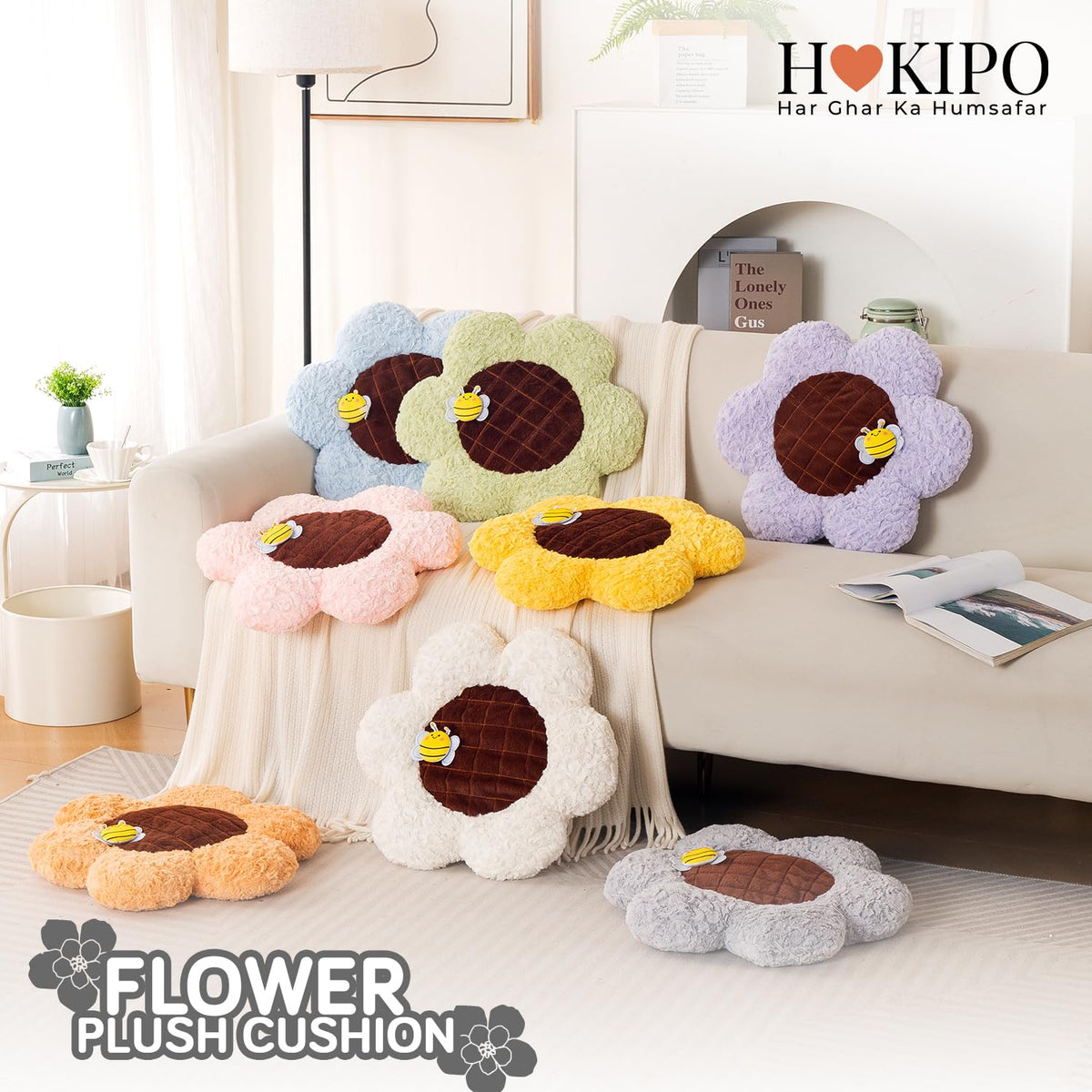 HOKIPO Sunflower Bee Cushion for Sofa & Bed, 50 cm, White