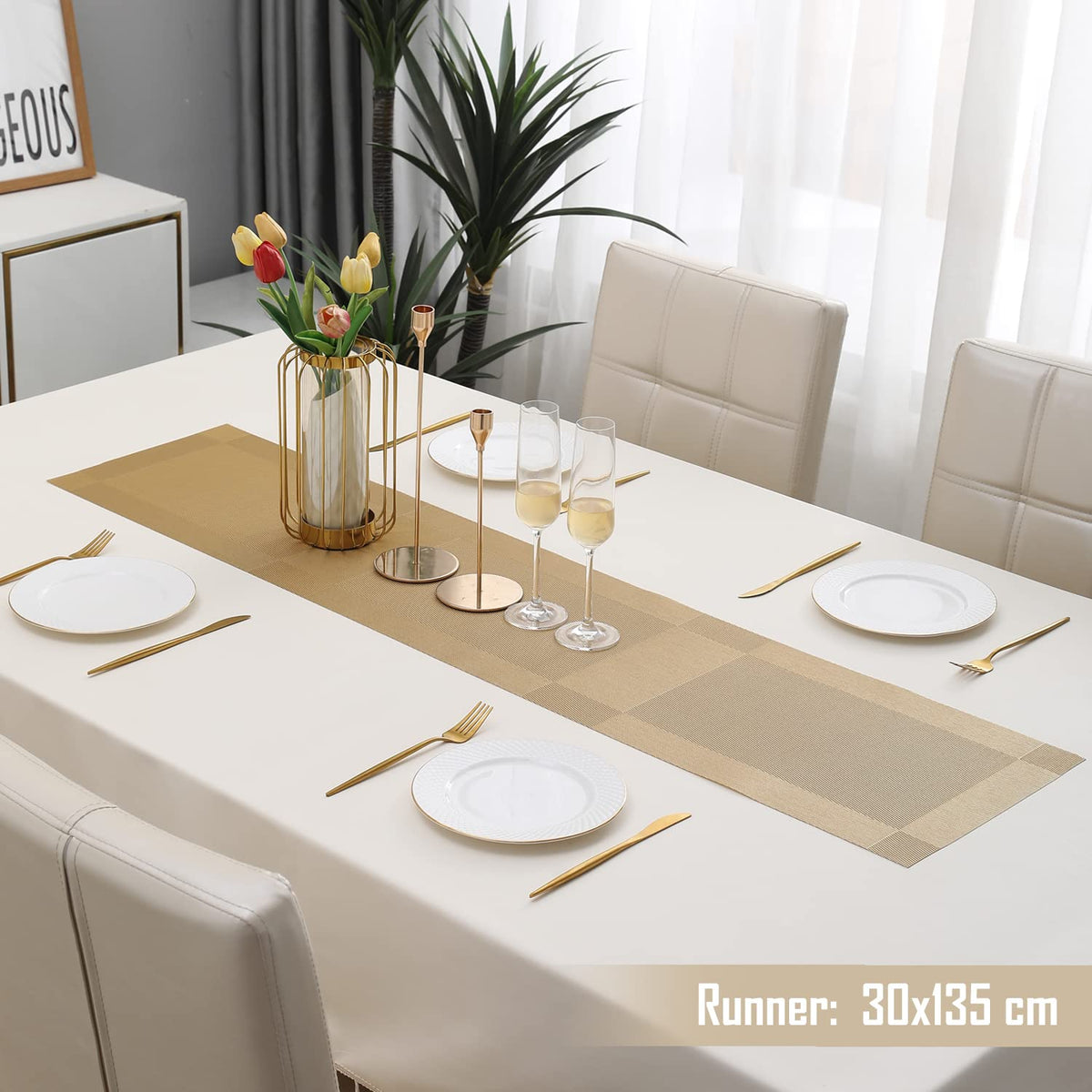 Buy Gold Colour PVC Table Runner for 4 Seater | HOKIPO