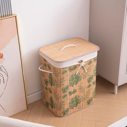 Eco-Friendly Foldable Bamboo Laundry Basket Hamper with Lid, Large - 60 Liter, Tropical Leaves