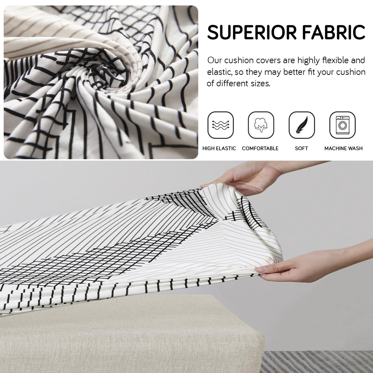 140 GSM Stretchable Printed Elastic Sofa Cushion Seat Cover for 1 /2 /3 Seaters / Pieces for Sofa, Snow White Black Geometry