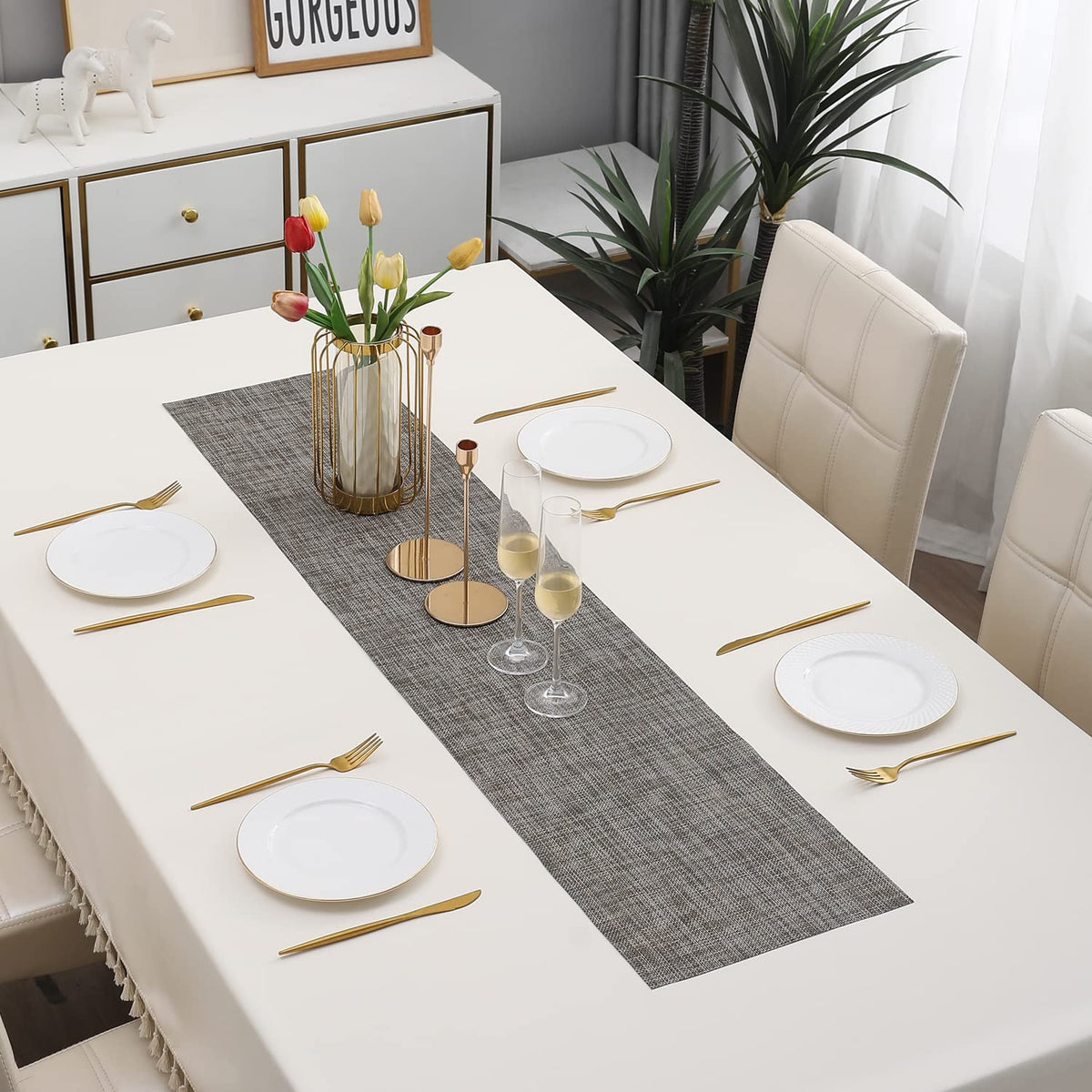 Buy Silver Grey Colour PVC Dining Table Runner - HOKIPO | Har Ghar Ka Humsafar