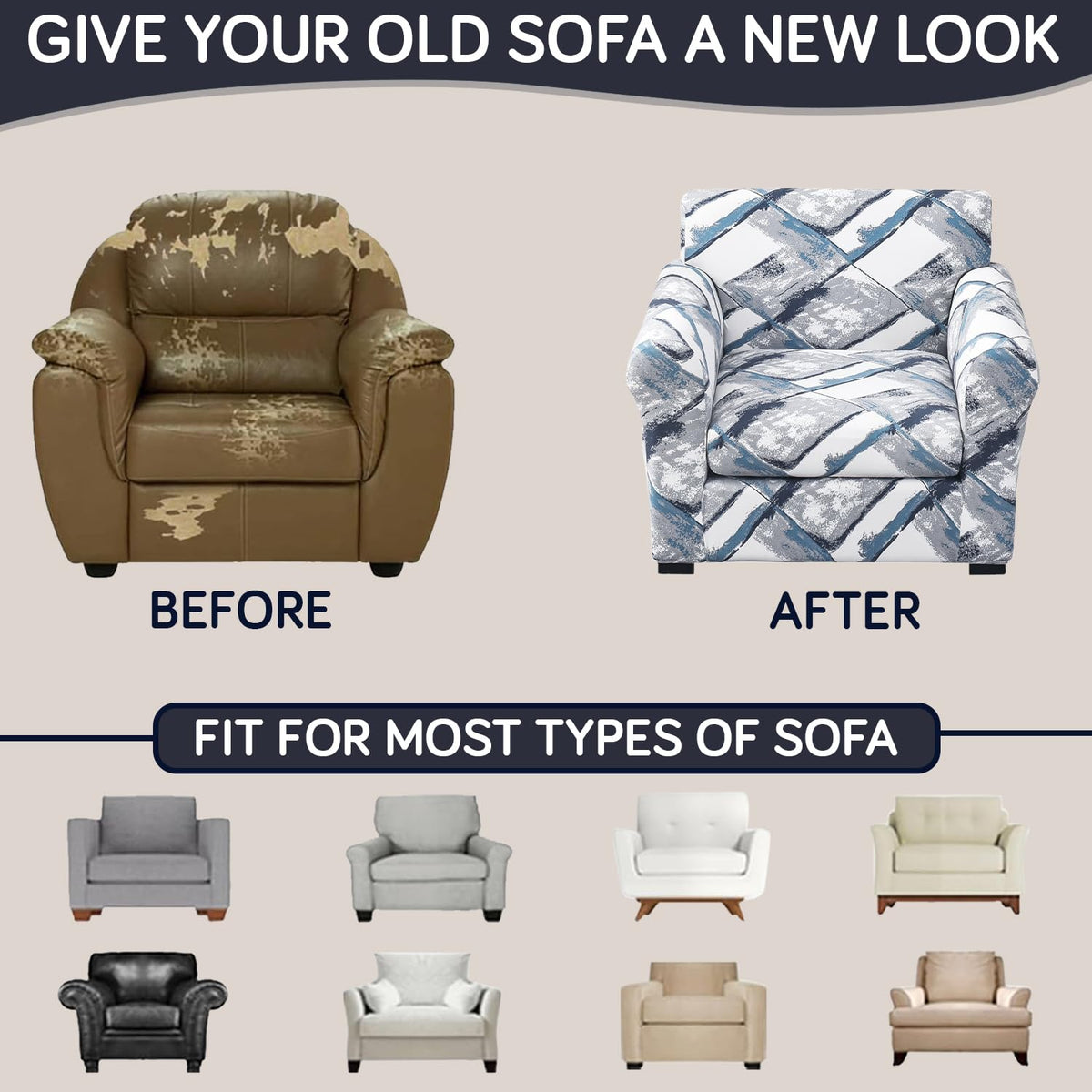 Printed Stretchable Sofa Slipcover with 1/2/3 Pc Separate Seat Cushion Cover for each 1/2/3 Seater, Graphite Glacier Grid
