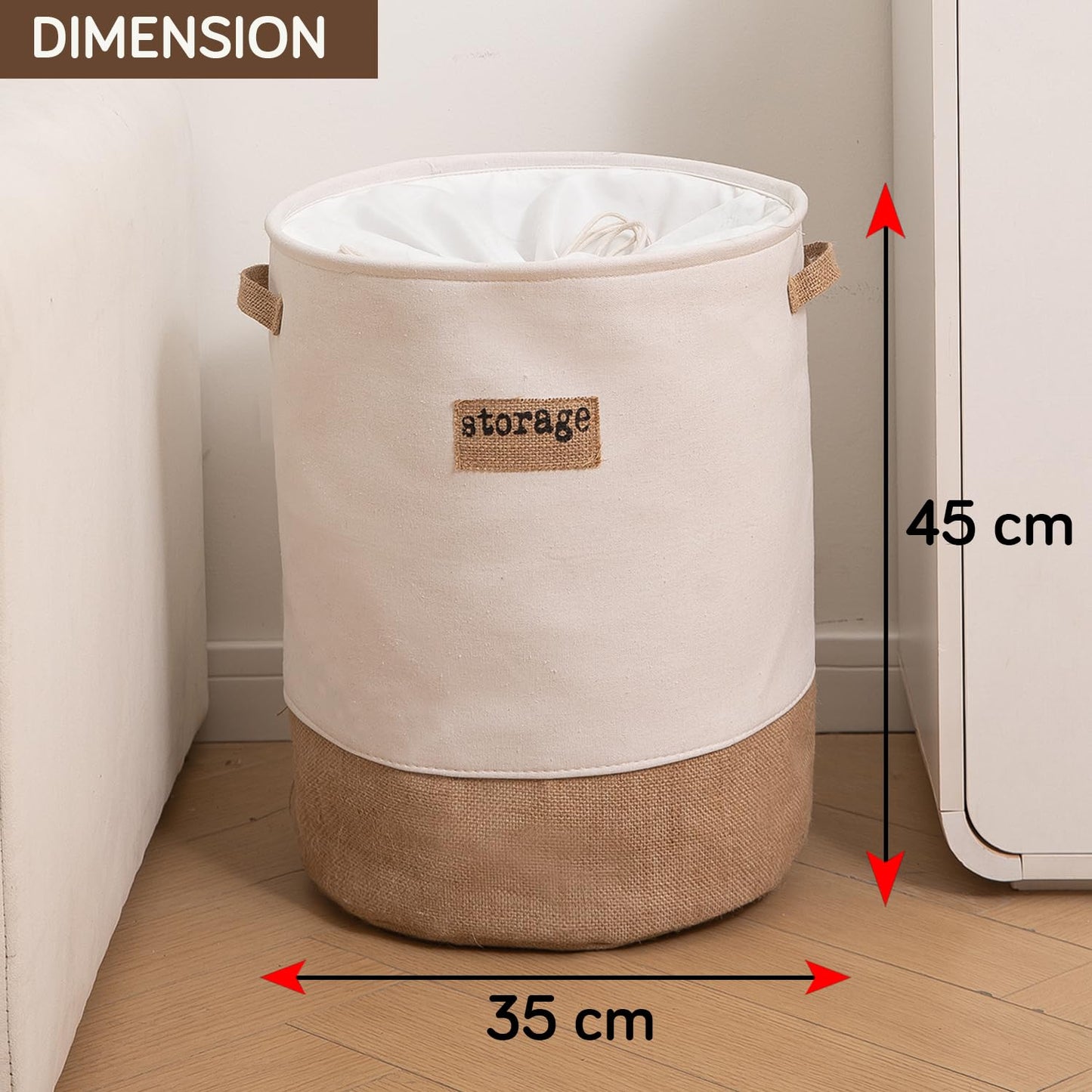 Round Collapsible Folding Laundry Basket for Clothes with Lid, White-Brown