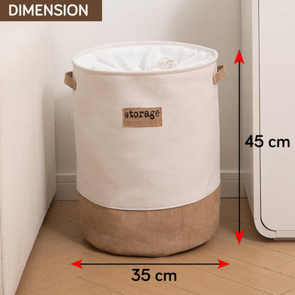 Round Collapsible Folding Laundry Basket for Clothes with Lid, White-Brown