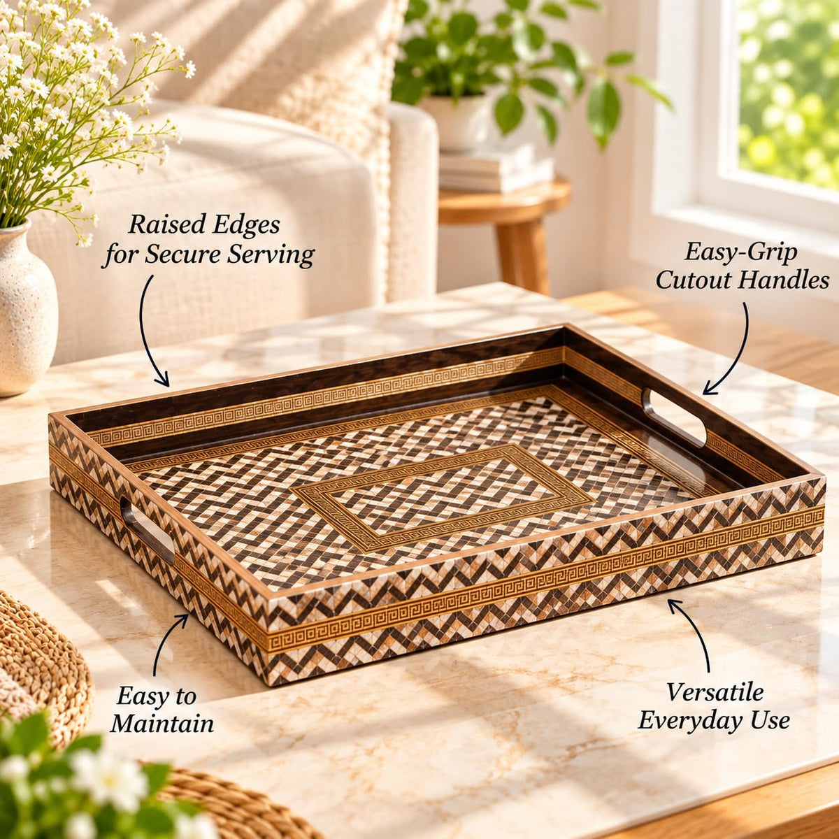 HOKIPO Serving Tray Set of 3, Engineered Wood, Noir Chevron - image 8