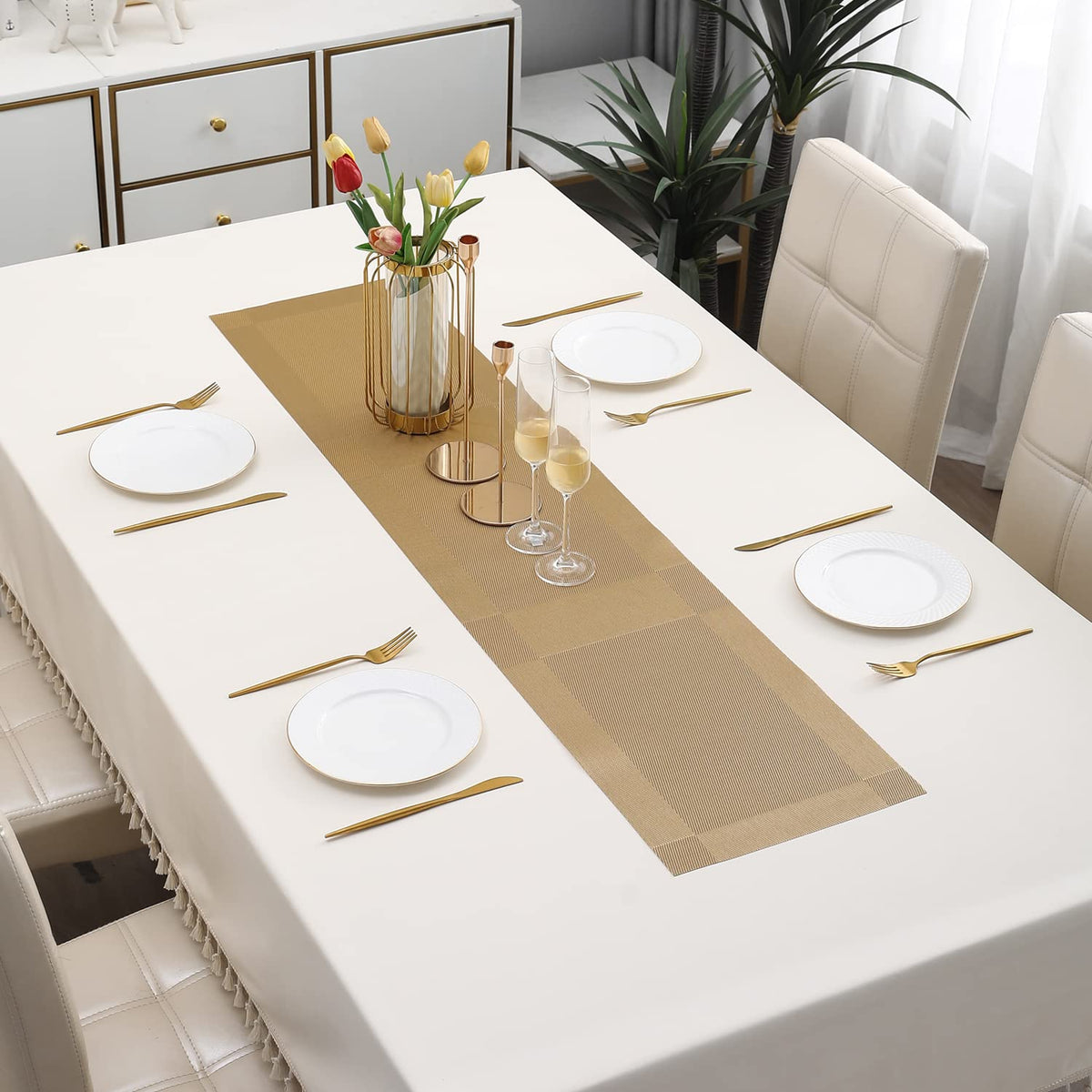 Buy Gold Colour PVC Dining Table Runner for 4 Seater Tables | HOKIPO