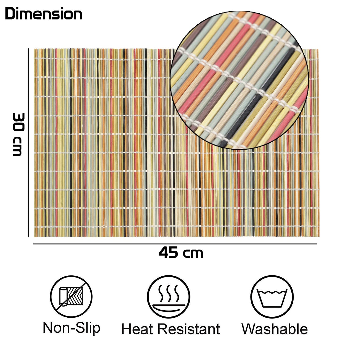 Reversible Bamboo Table Mats for Dining Table, Set of 6 Placemats, 45x30 cm, Rainbow Stripes