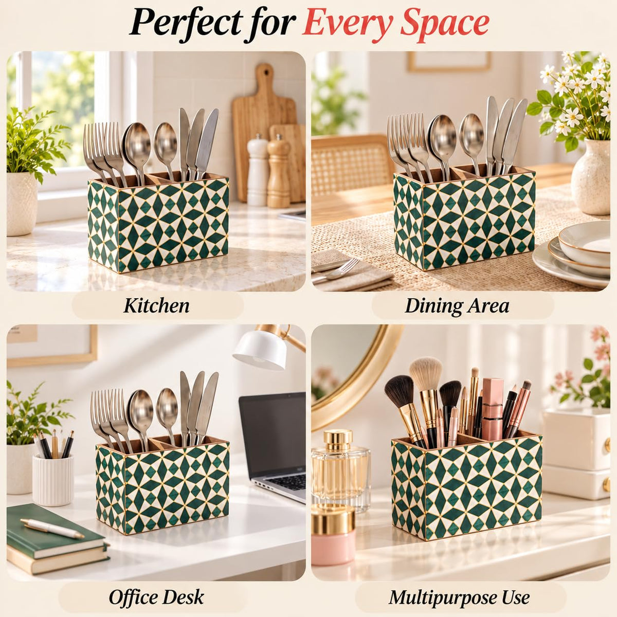 HOKIPO Cutlery Holder for Dining Table, Engineered Wood, Moroccan Prism - image 4