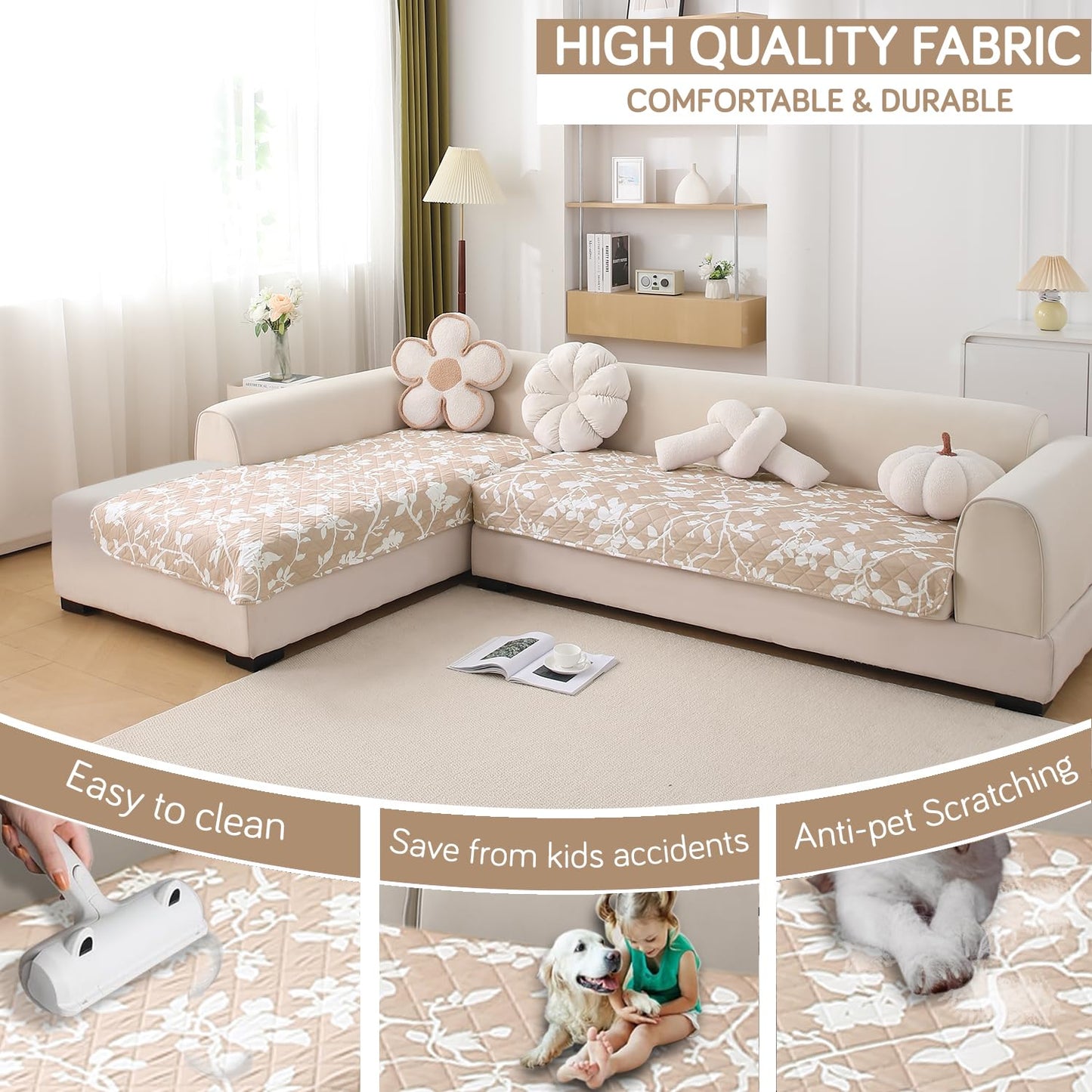 HOKIPO Waterproof Printed Quilted Quick Dry L Shape Sofa Seat Cover Mat, Buff Brown Sillehoute Floral