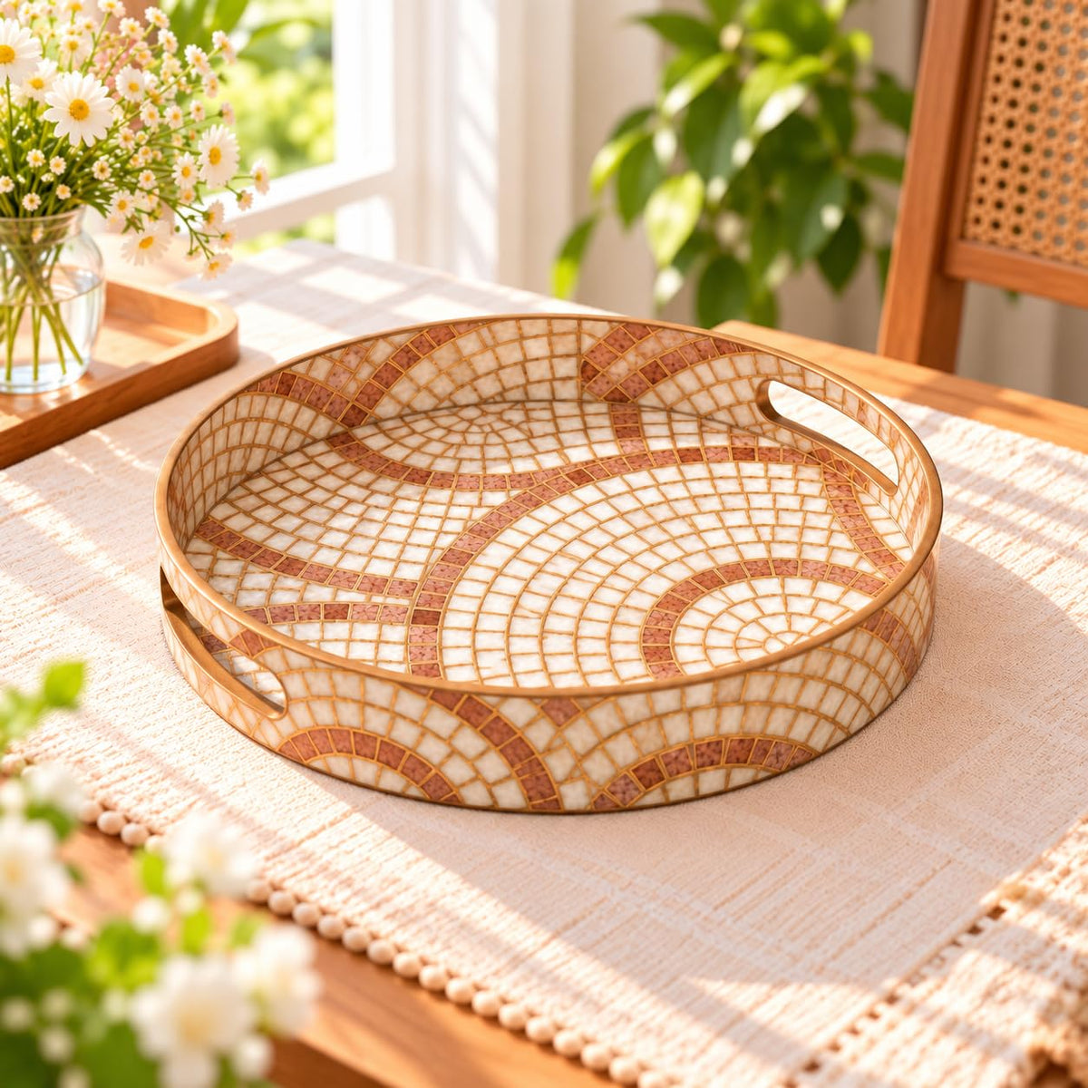 HOKIPO Round Serving Tray 12 in, Engineered Wood, Indigo Flora - image 15