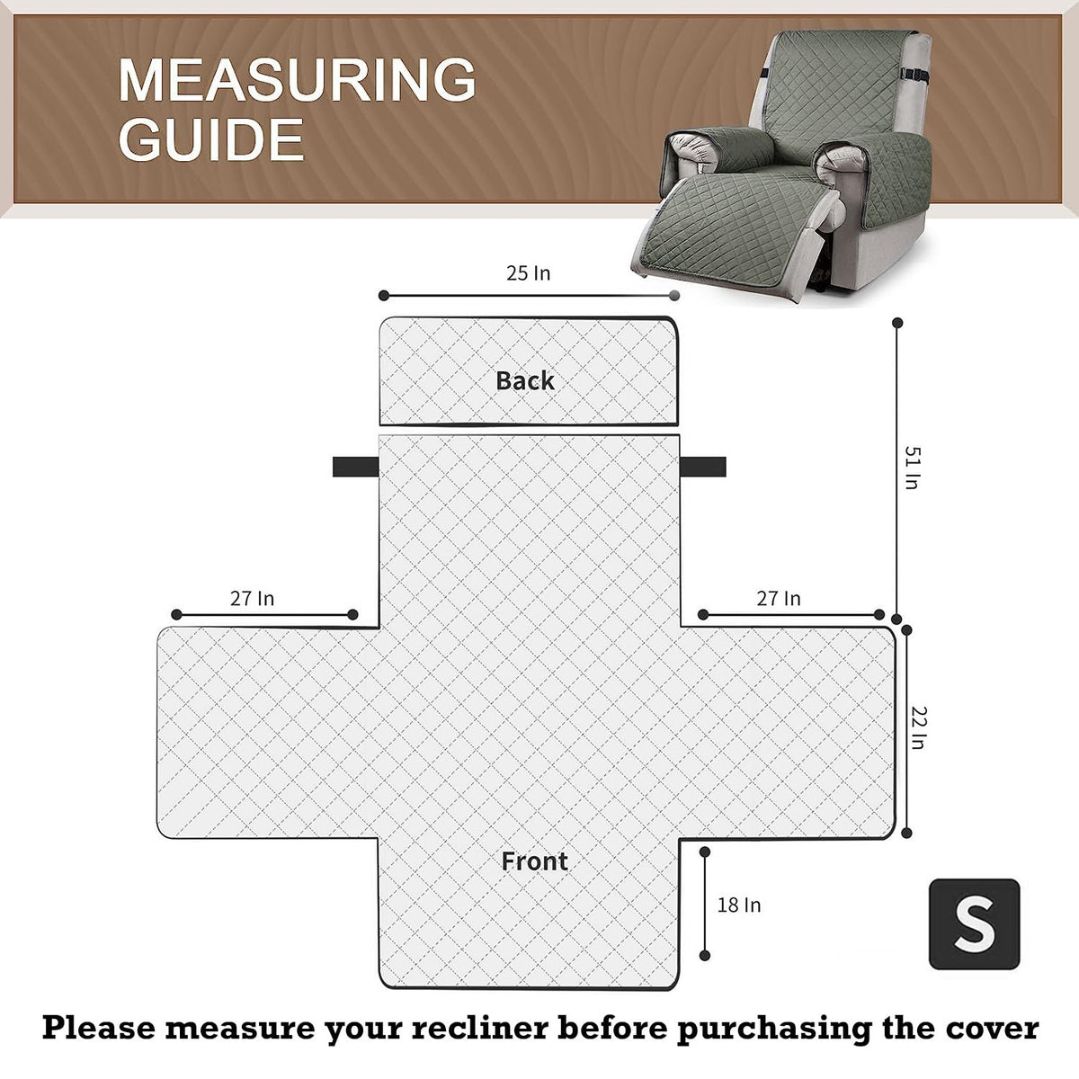 Quilted Recliner Chair Cover With Side Pockets for 1 Seater Sofa, Light Grey