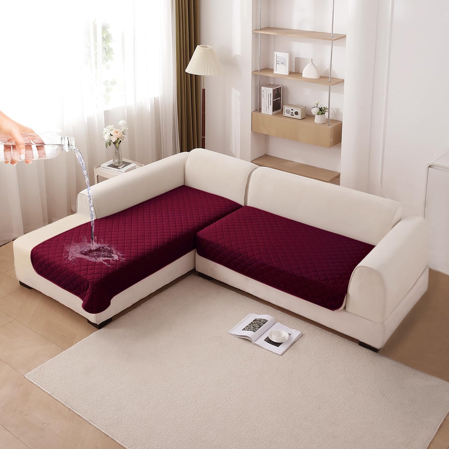 HOKIPO Waterproof Quilted Quick Dry L Shape Sofa Seat Cover Mat, Burgundy