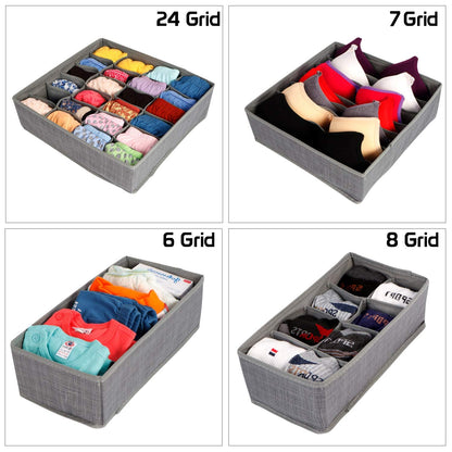 Multi Compartment Undergarments Organiser, Drawer Divider for Underwear, Lingerie, Bras, Socks, Ties, 6/7/ 8/24 Cells, 4 Piece Set, Grey