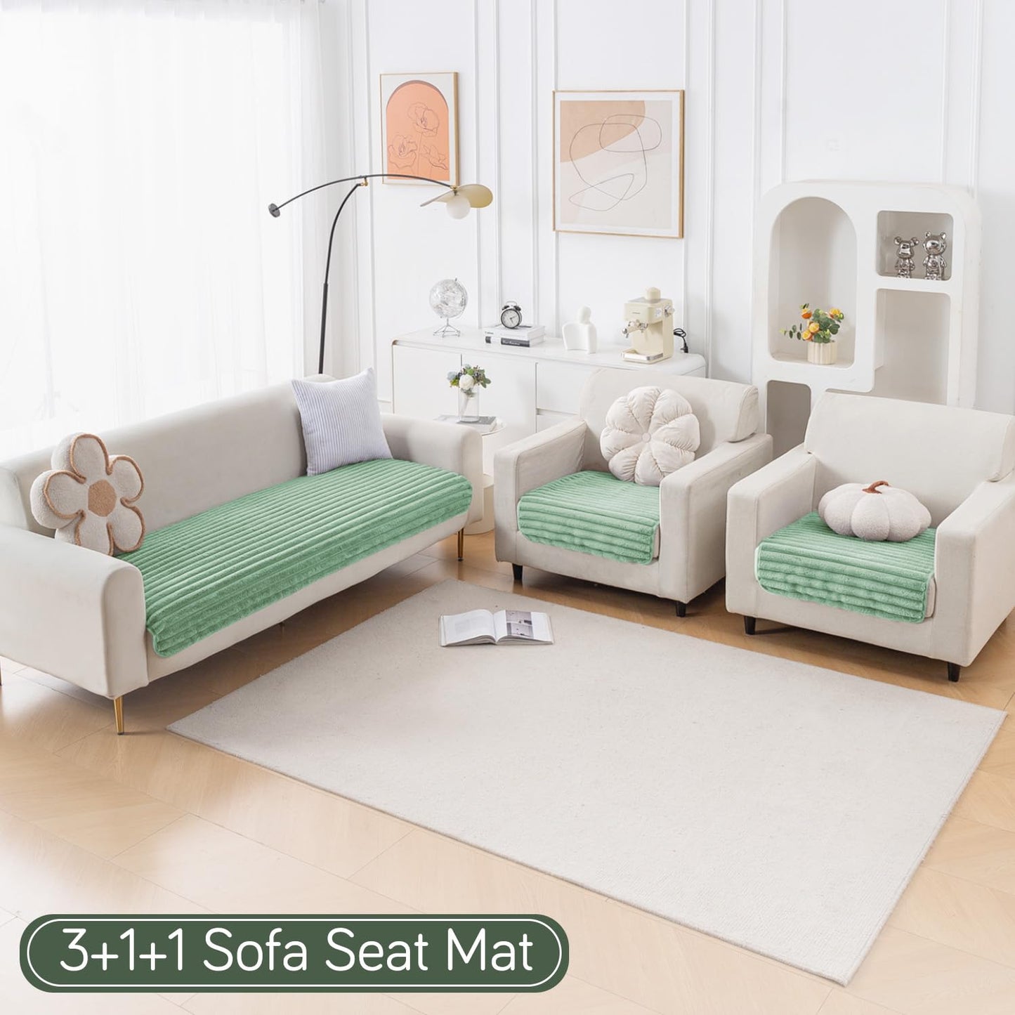 Faux Rabbit Fur Sofa Cover Combination Set, 'Snuggle Fur Series' Sage Green
