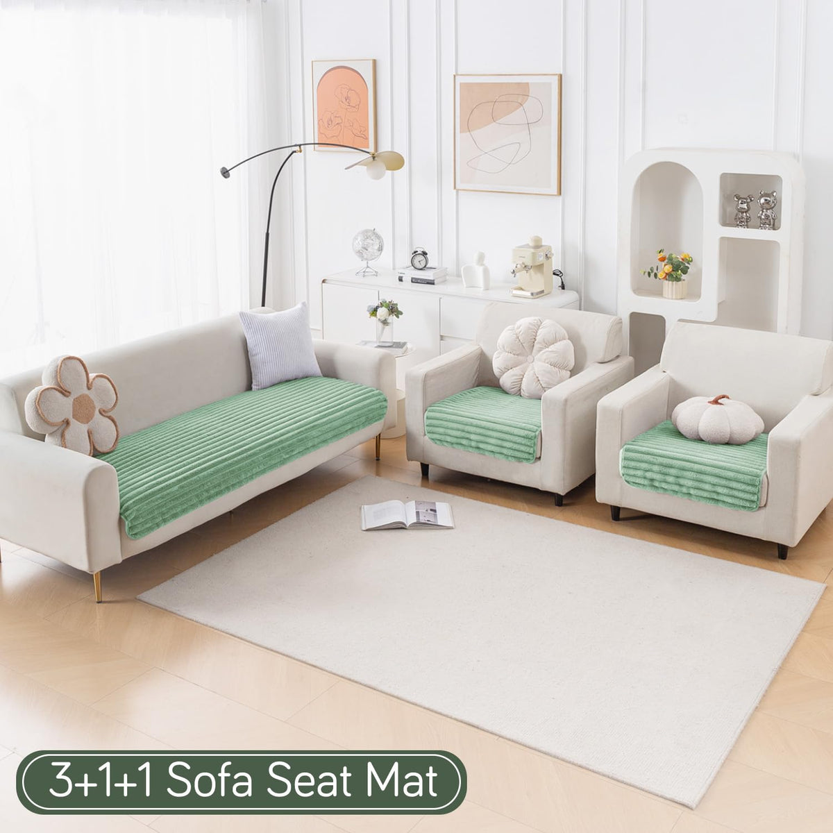 Faux Rabbit Fur Sofa Cover Combination Set, 'Snuggle Fur Series' Sage Green