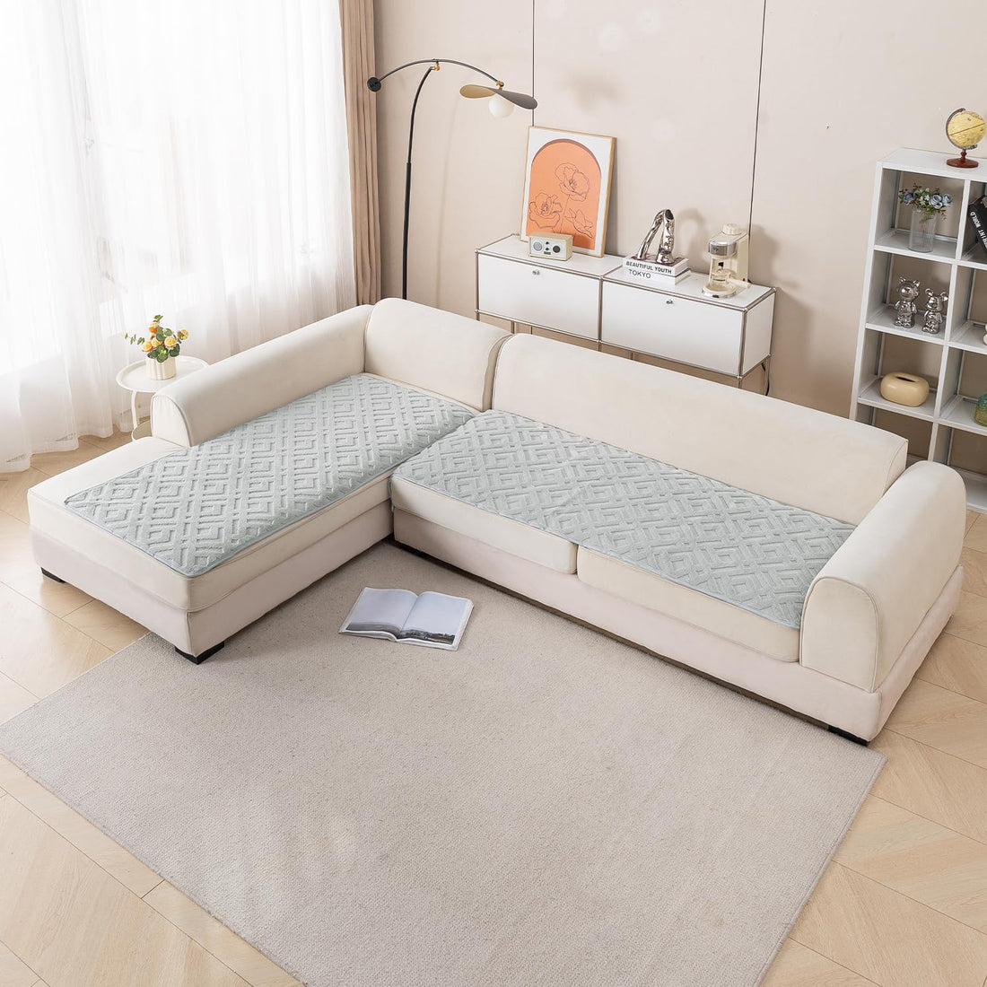 Light Grey Colour Velvet Maze Premium L Shape Sofa Cover