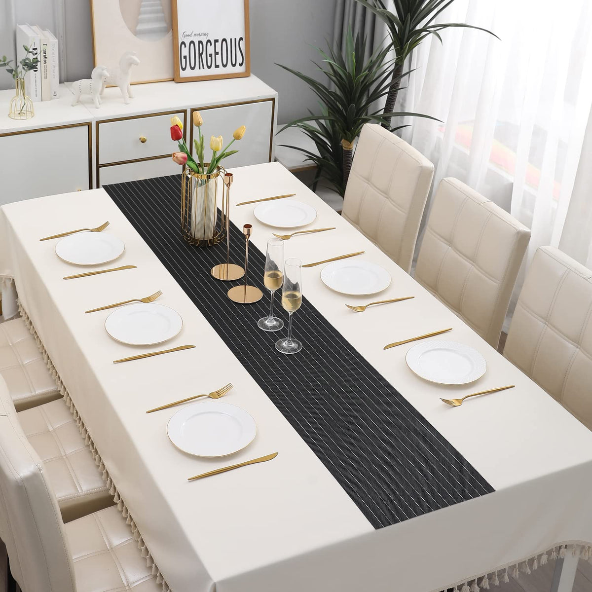Buy Striped Black Colour PVC Table Runner for Dining Table | HOKIPO