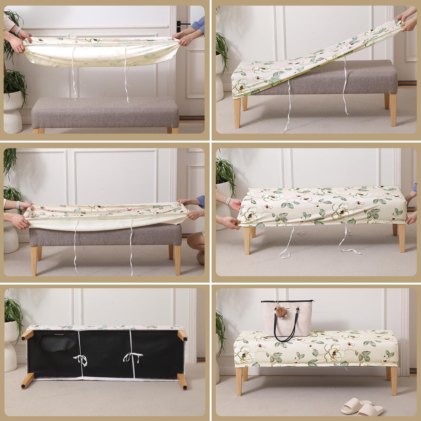Premium Printed Velvet Stretchable Dining Bench Slipcover, Buttercream Magnolia Whisper