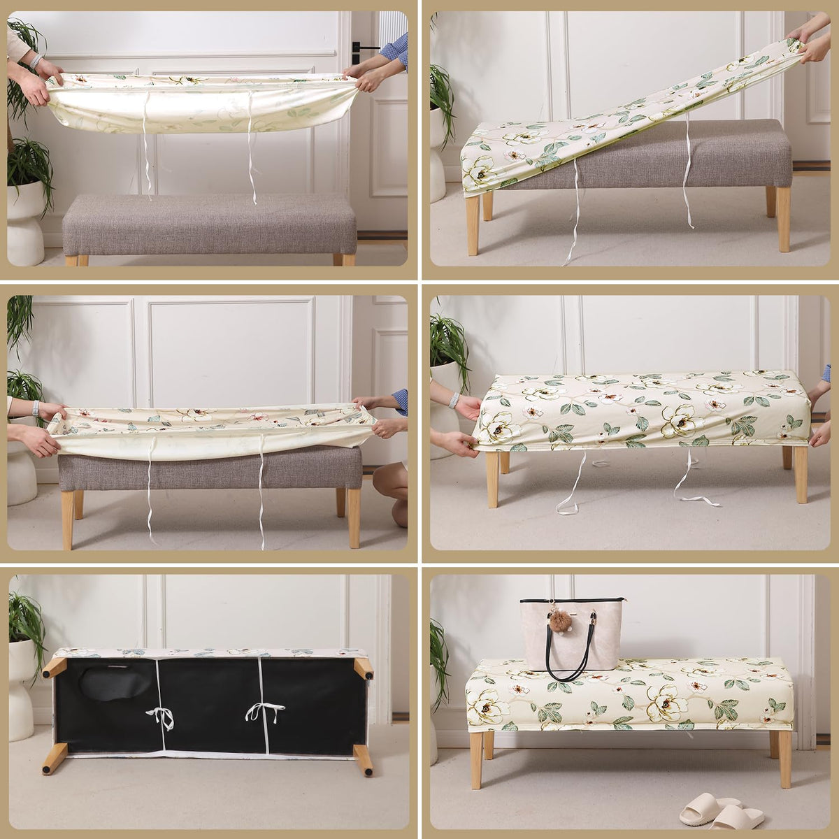 Premium Printed Velvet Stretchable Dining Bench Slipcover, Buttercream Magnolia Whisper