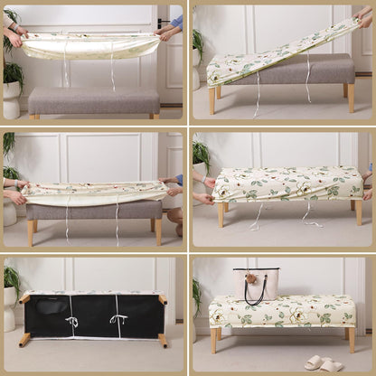 Premium Printed Velvet Stretchable Dining Bench Slipcover, Buttercream Magnolia Whisper