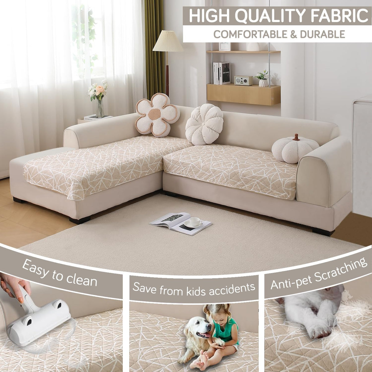 Waterproof Printed Quilted Quick Dry L Shape Sofa Seat Cover Mat, Beige Abstract Geometry