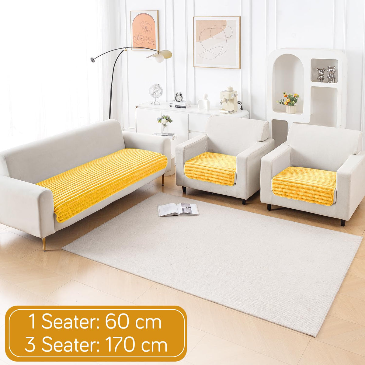 Faux Rabbit Fur Sofa Cover Combination Set, 'Snuggle Fur Series' Mustard Yellow