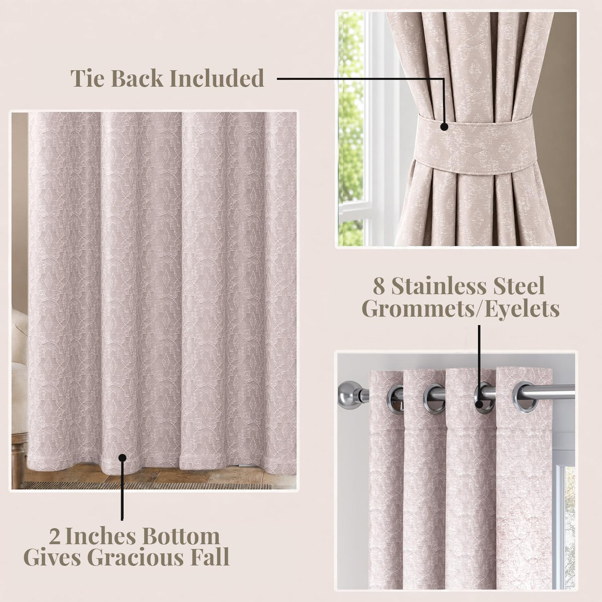 HOKIPO Marrakesh Jacquard Eyelet Curtains, 7 Feet Long - Muted Blush - image 4