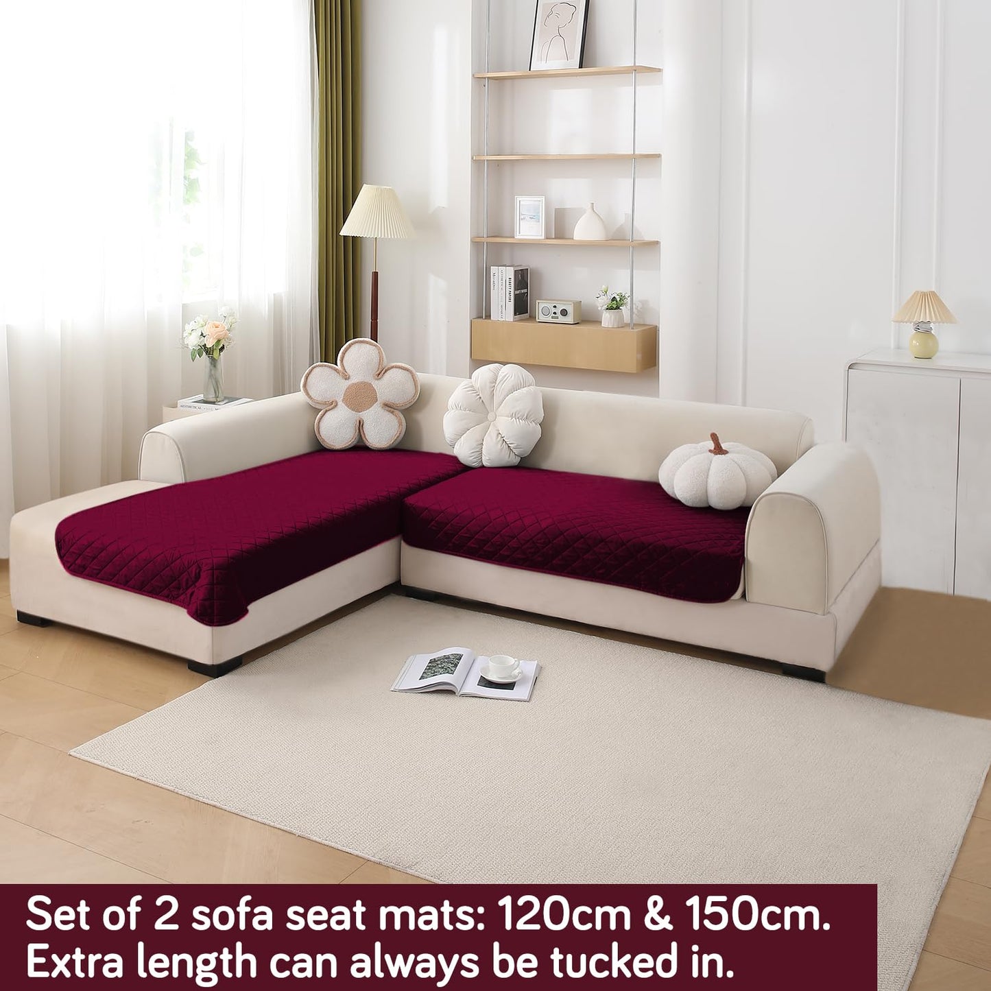HOKIPO Waterproof Quilted Quick Dry L Shape Sofa Seat Cover Mat, Burgundy