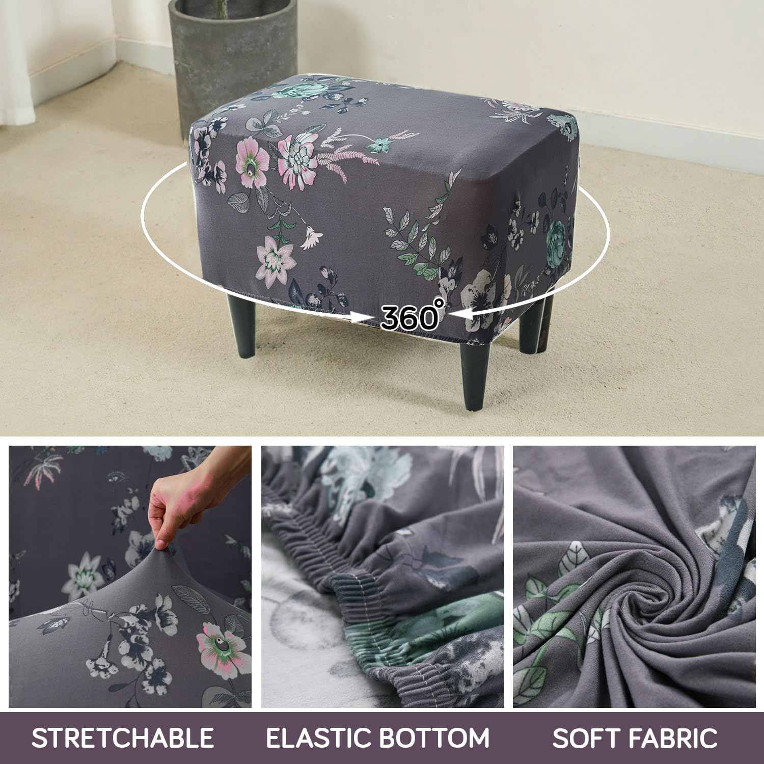 Stretchable 140 GSM Footstool Cover, Bentonite Grey Budding Florals