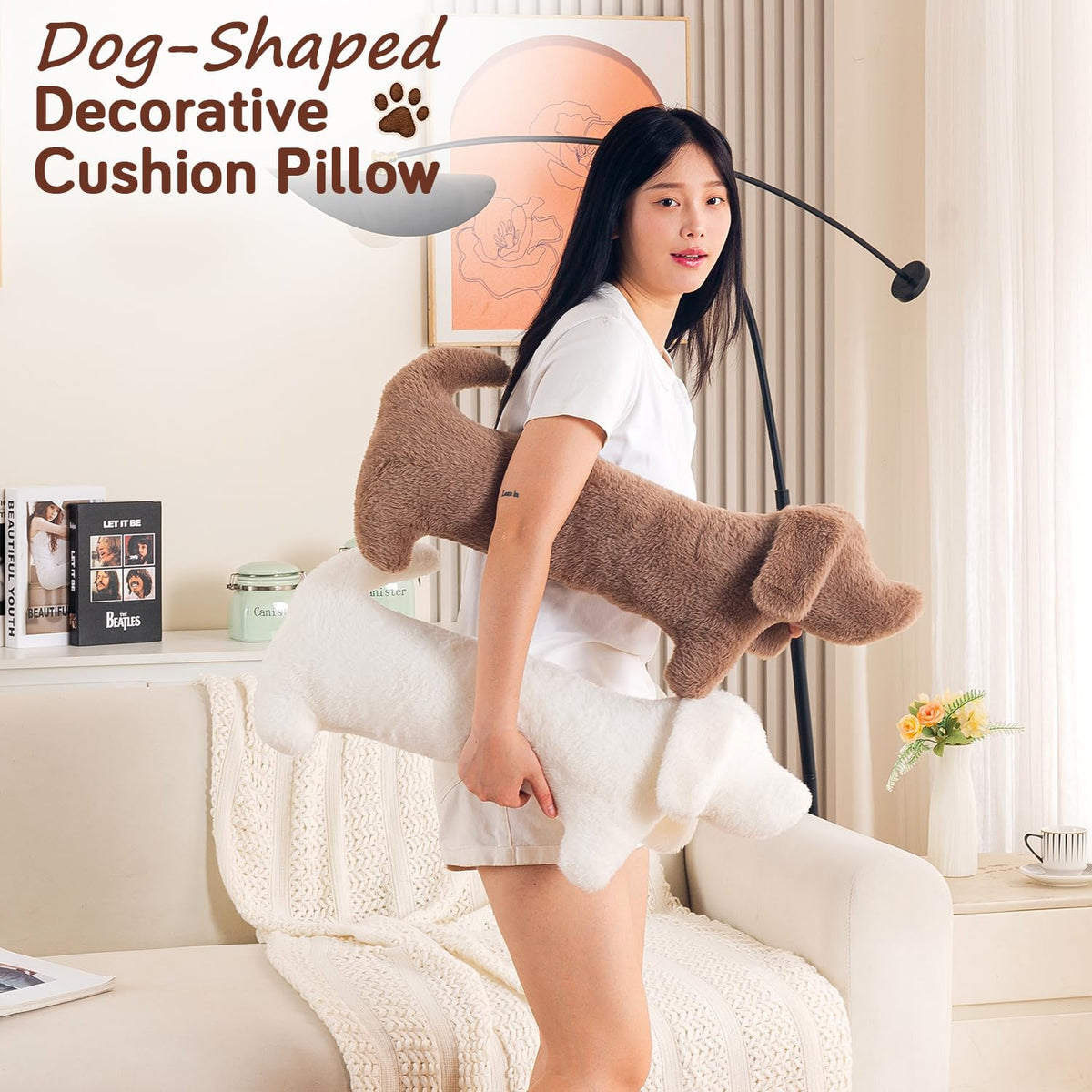 HOKIPO Dog Shaped Plush Cushion for Kids Room & Nursery, 59 cm, Brown