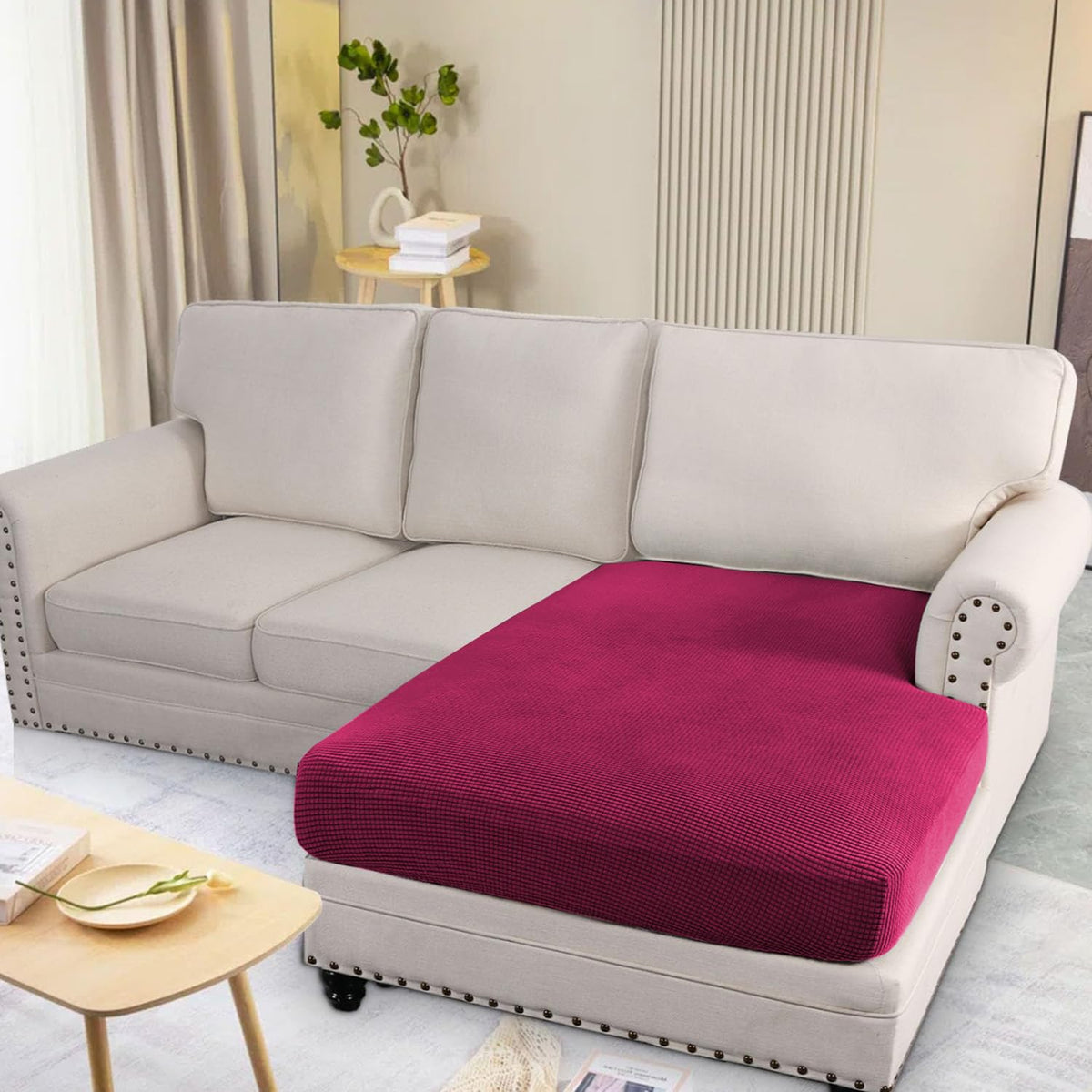 Stretchable Thick Jacquard Textured Seat Cushion Cover for 1/2/3 Seaters / Pieces for Sofa, Maroon