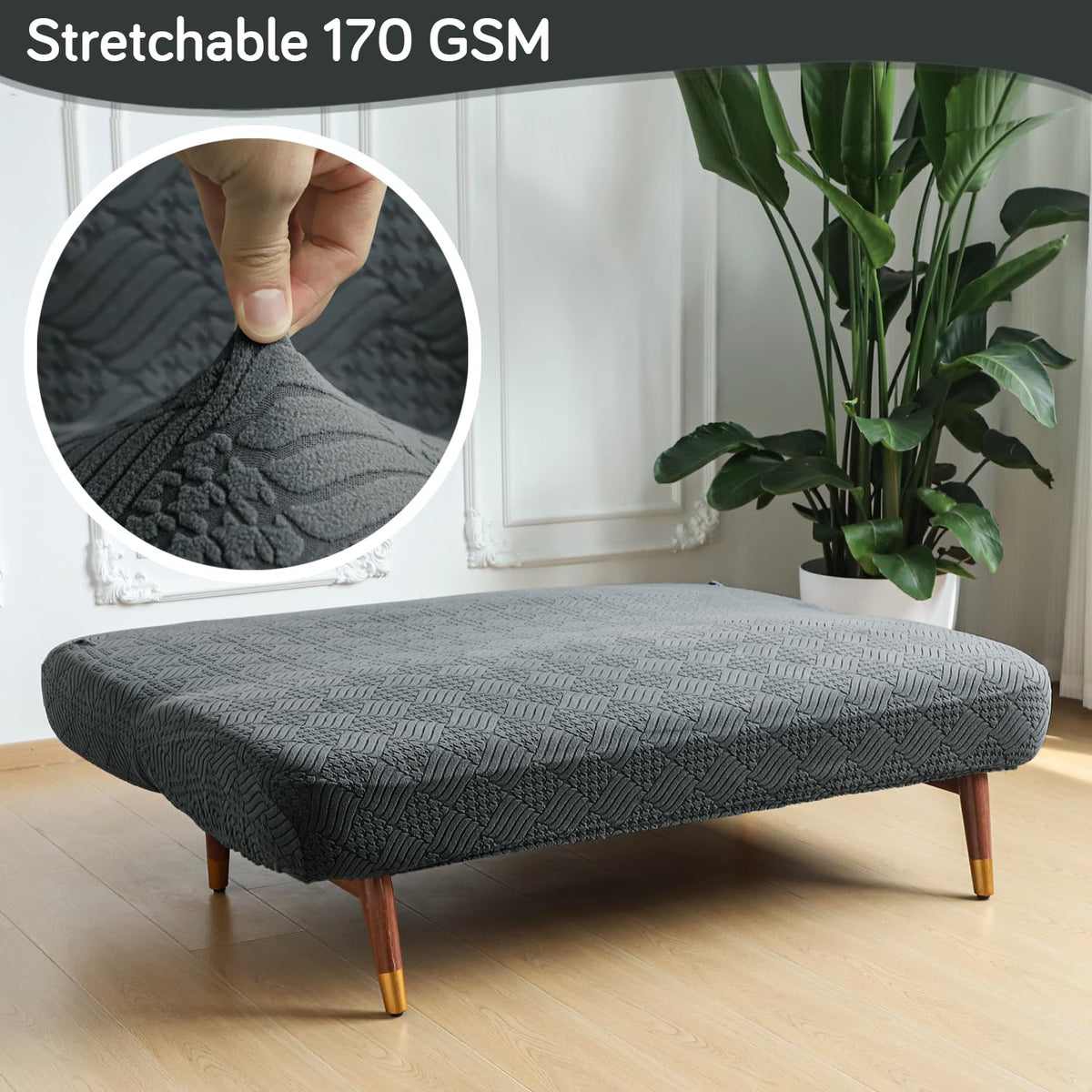 Buy Dark Grey Colour Luxurious Jacquard Stretchable 170 GSM Futon Sofa Cover For Sofa Cum Bed | HOKIPO