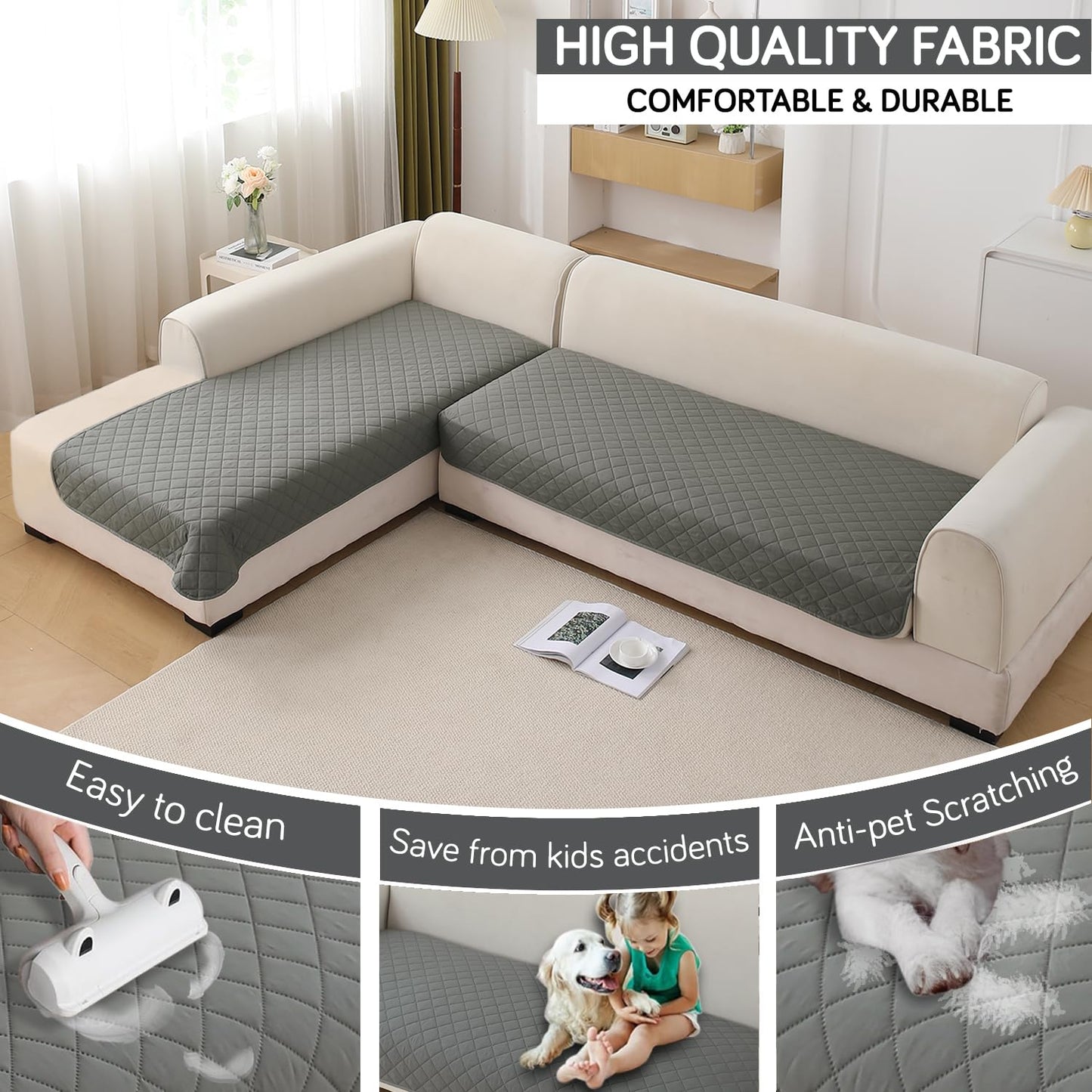 HOKIPO Waterproof Quilted Quick Dry L Shape Sofa Seat Cover Mat, Light Grey