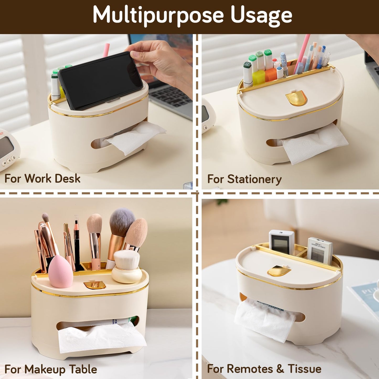 All-in-One Desktop Organizer with Tissue Holder, Phone Stand & Pen – Cream