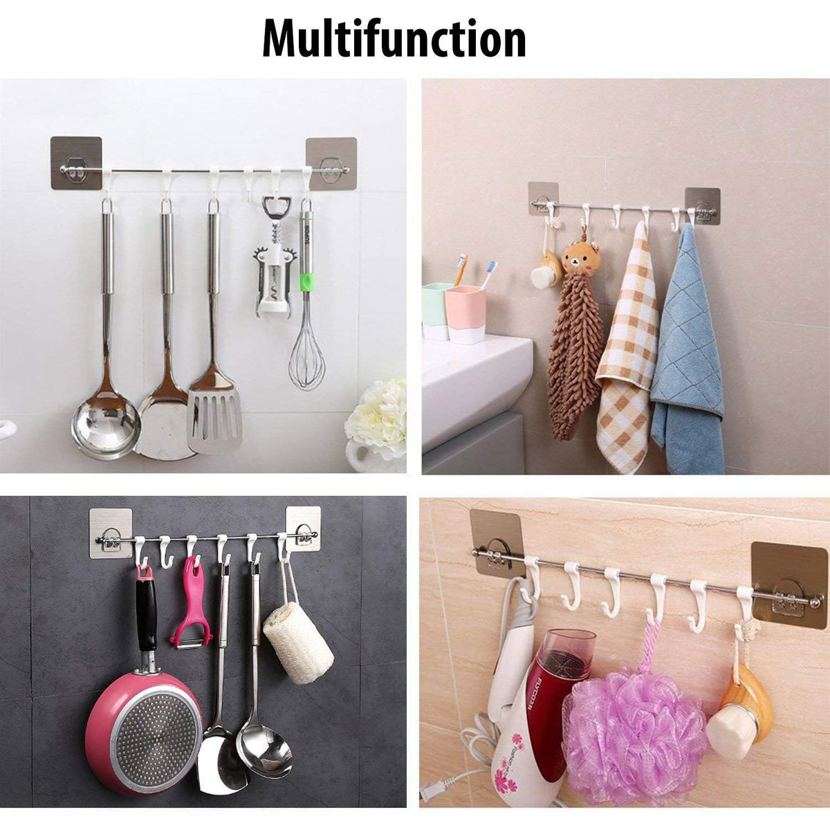 Magic Sticker Series Self Adhesive Chrome Plated Metal Hook Rail Bar for Kitchen and Bathroom, Silver