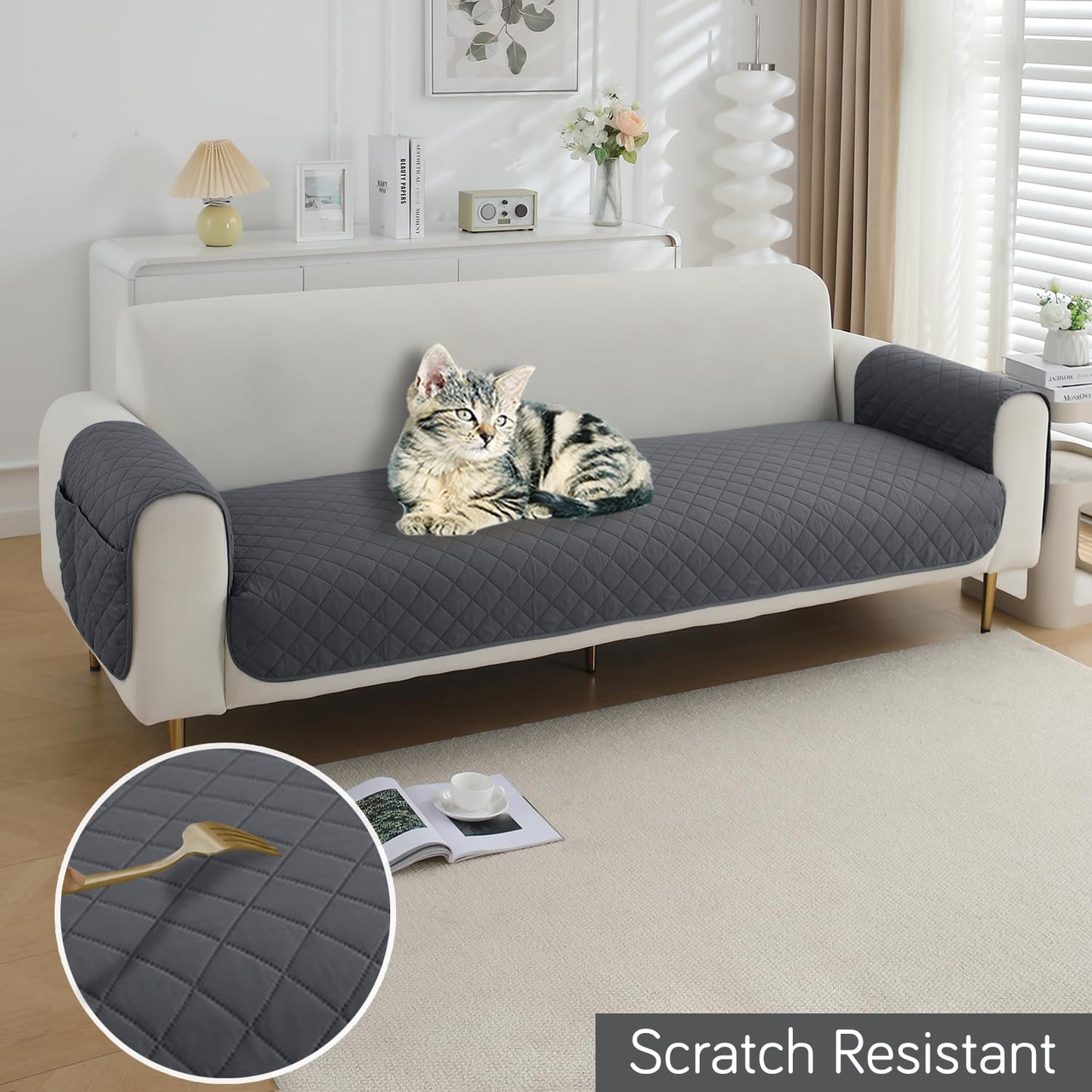 HOKIPO Quilted Waterproof Sofa Seat Mat with 2 Armrest Covers with Pockets, Dark Grey