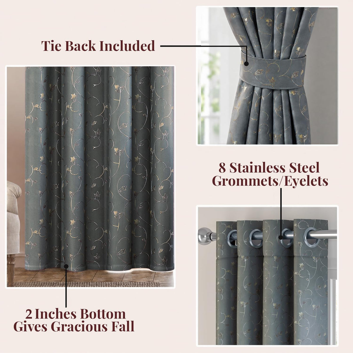 HOKIPO Golden Vine Eyelet Curtains, 7 Feet Long - Steel Grey - image 3