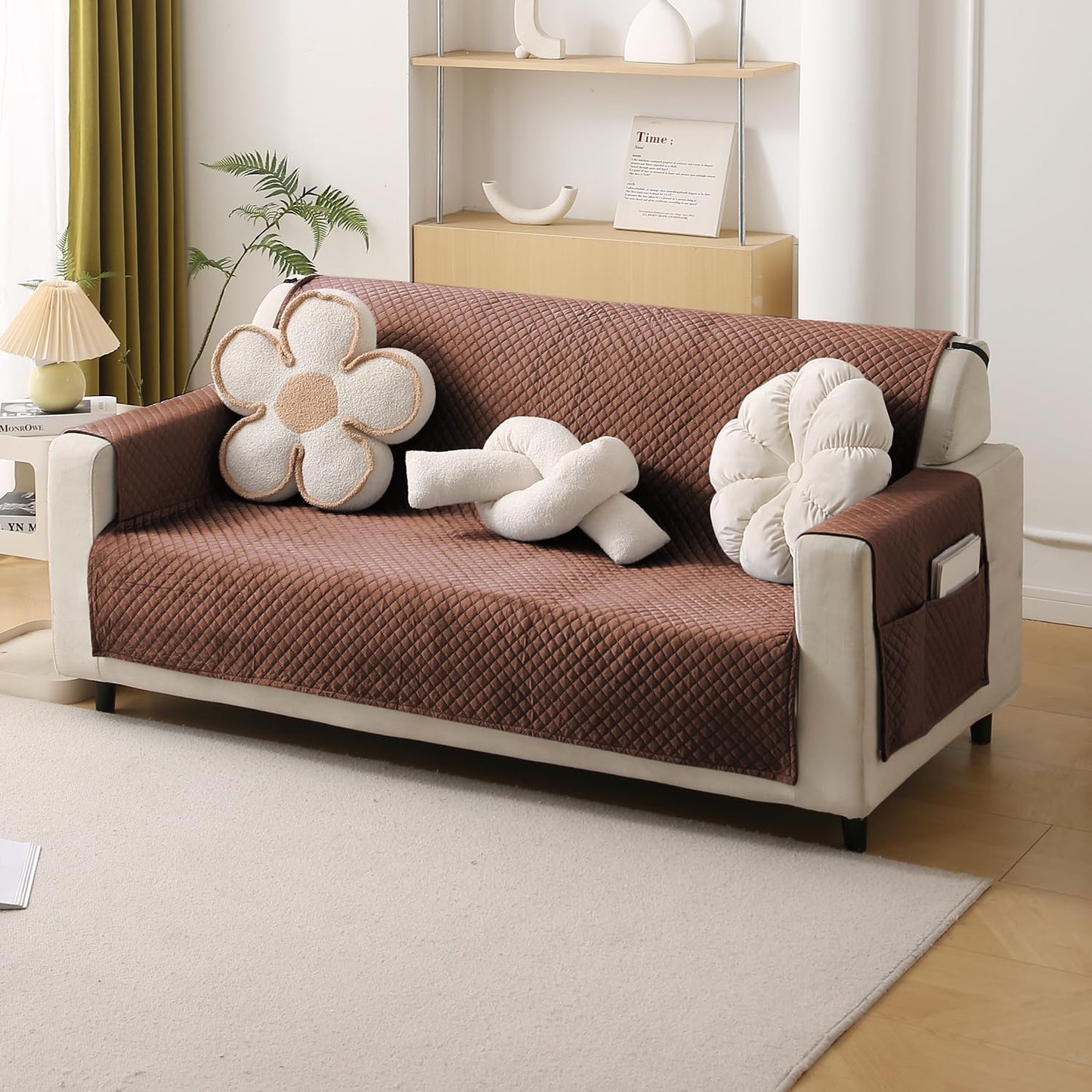 Quilted Velvet Sofa Cover Mat with Side Pockets, Pet Friendly, Russet Brown