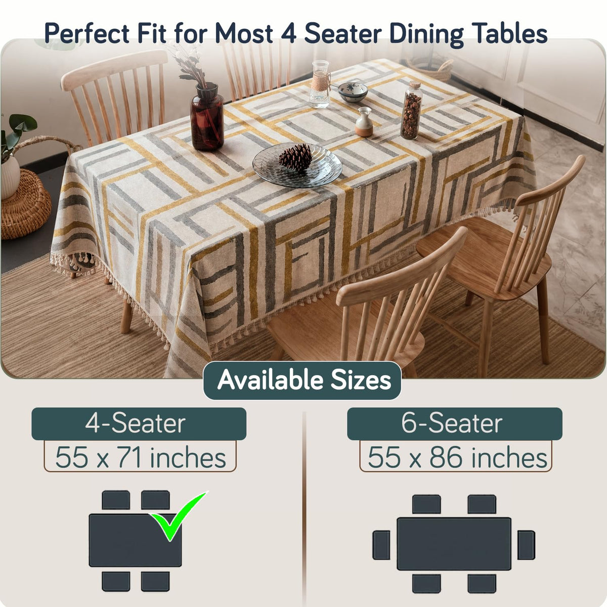 HOKIPO ShieldQuilt Table Cloth with Tassel Edge for 4/6 Seater, Geometric Mustard - image 2