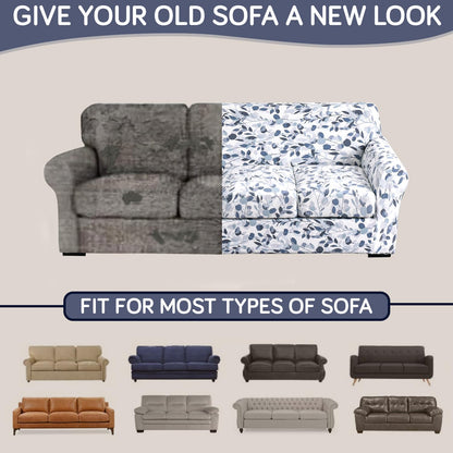 Printed Stretchable Sofa Slipcover with 1/2/3 Pc Separate Seat Cushion Cover for each 1/2/3 Seater,Frost Blue Foilage