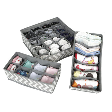 3 Pcs Fabric Undergarment Organizer Storage Box For Drawers Bra Panty Socks Tie Lingerie Organizer For Wardrobe, 24X8X6 Grid, Grey