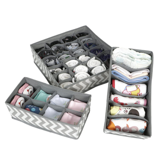 3 Pcs Fabric Undergarment Organizer Storage Box For Drawers Bra Panty Socks Tie Lingerie Organizer For Wardrobe, 24X8X6 Grid, Grey