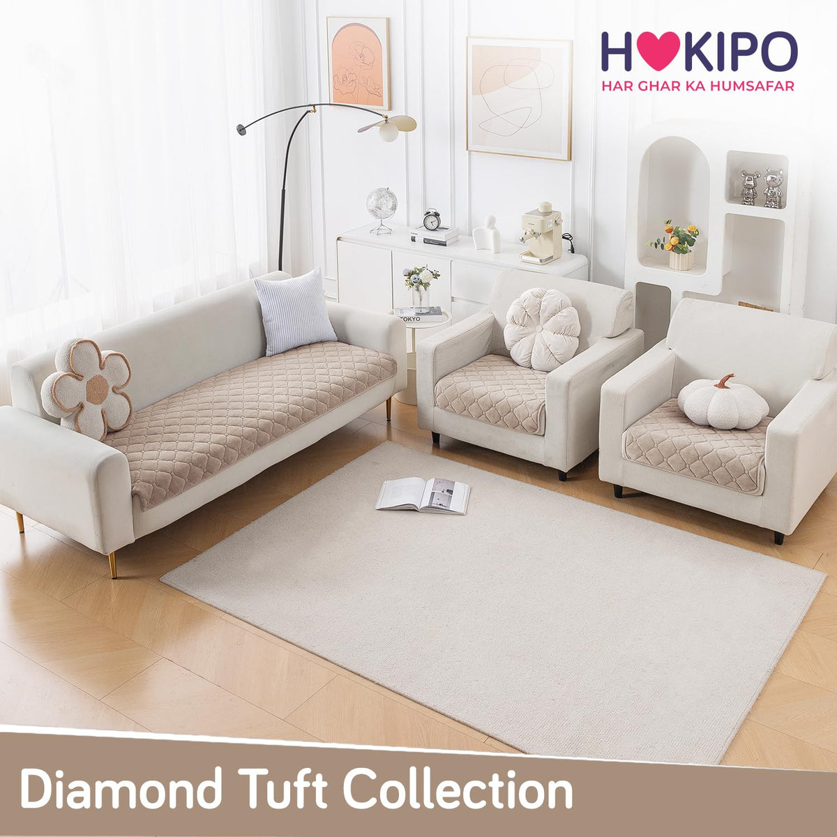 Diamond Tuft Quilted 5-Seater Sofa Mat (3+1+1), Anti-Slip, Warm Taupe
