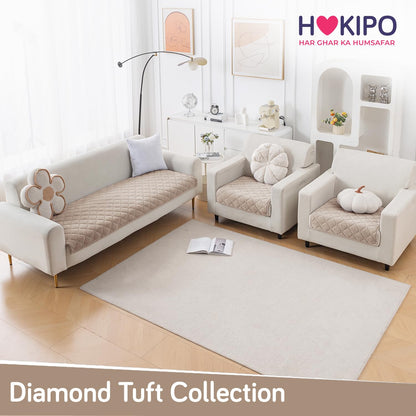 Diamond Tuft Quilted 5-Seater Sofa Mat (3+1+1), Anti-Slip, Warm Taupe