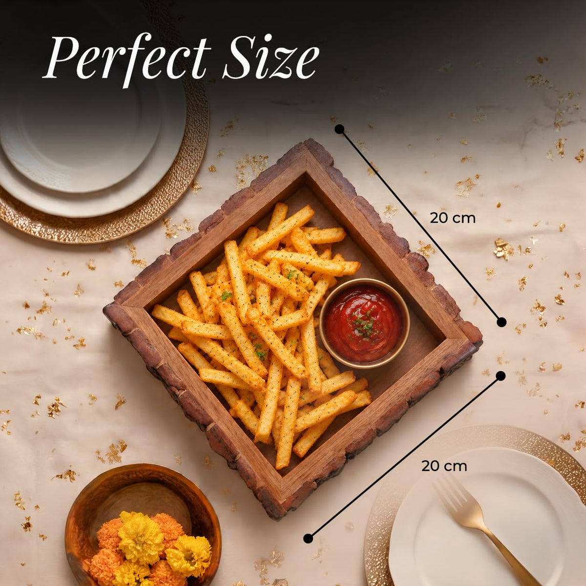 HOKIPO Arbor Mango Wood Serving Tray with Bark Edge, Square 20 x 20 cm - image 5