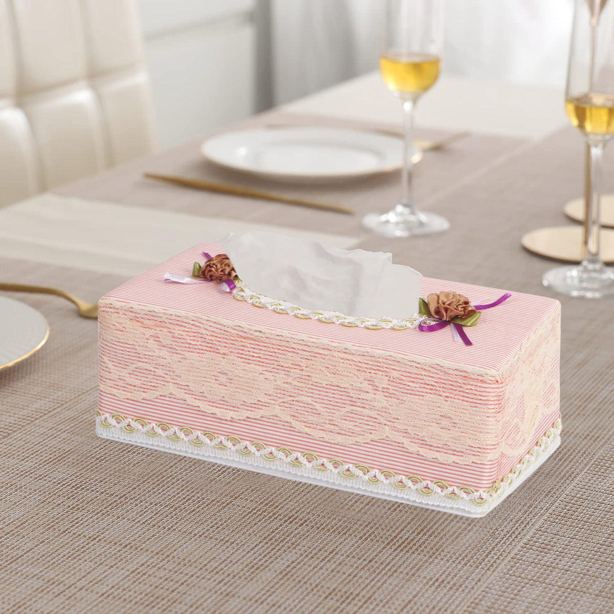 Plastic Tissue Paper Box Holder, Striped Pink
