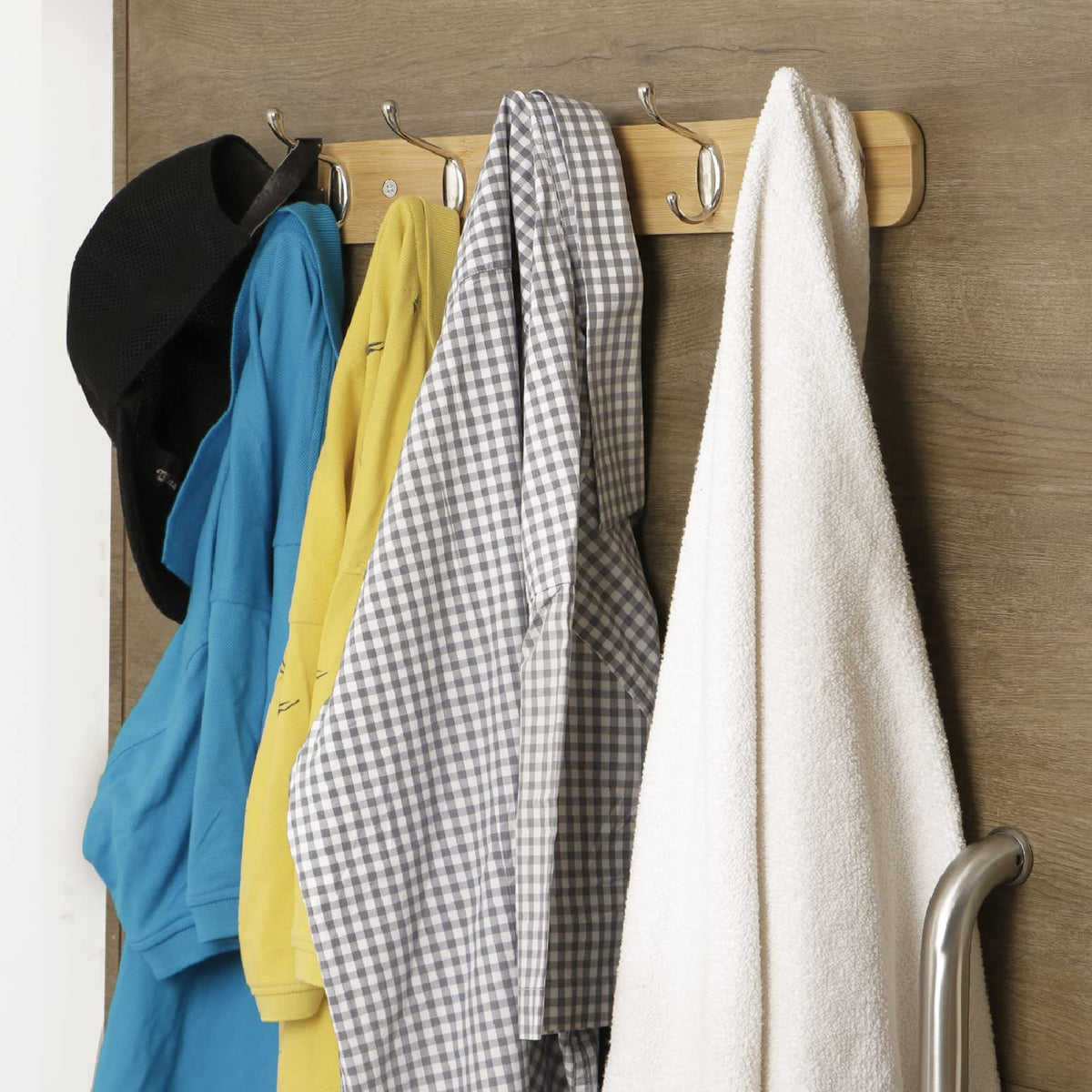 Buy bamboo wooden wall hooks for hanging clothes, coats, scarves, hats, keys, jackets, bags, towels, and more.