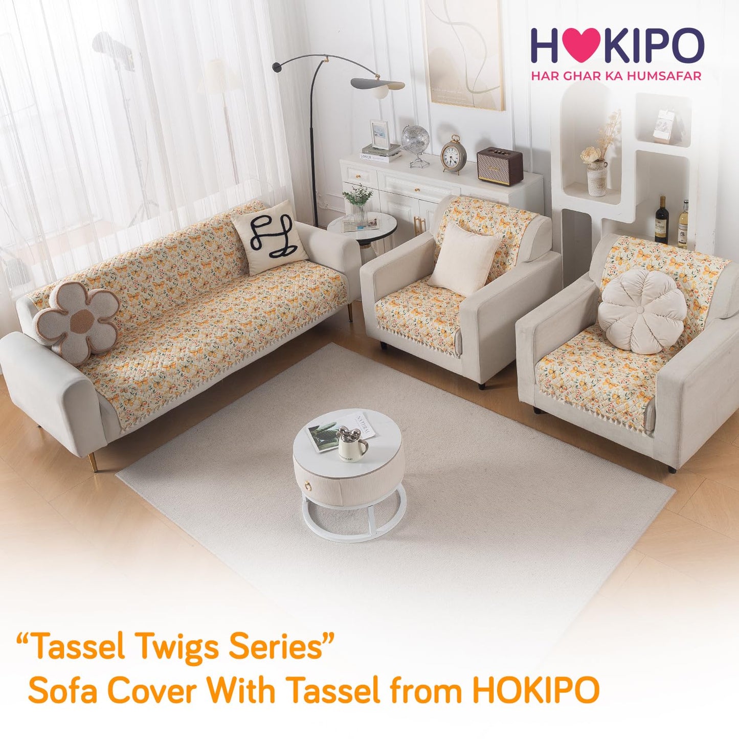 Quilted Sofa Cover 5-Seater Sofa Cover (3+1+1), Tassel Twigs | Sunlit Butterfly
