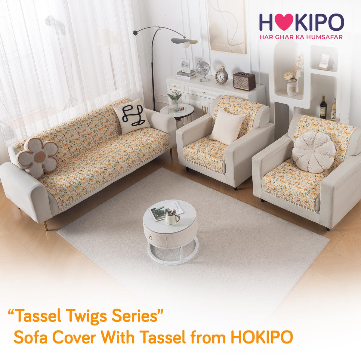Quilted Sofa Cover 5-Seater Sofa Cover (3+1+1), Tassel Twigs | Sunlit Butterfly